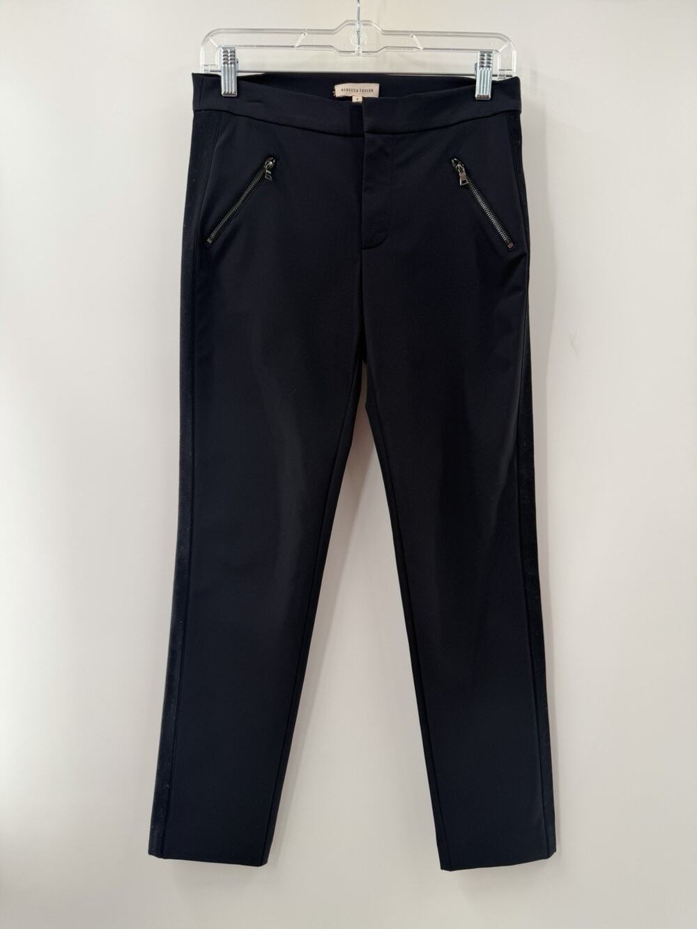Rebecca Taylor Black Tuxedo Pants Zipper Pockets Slim Straight Leg Size 4